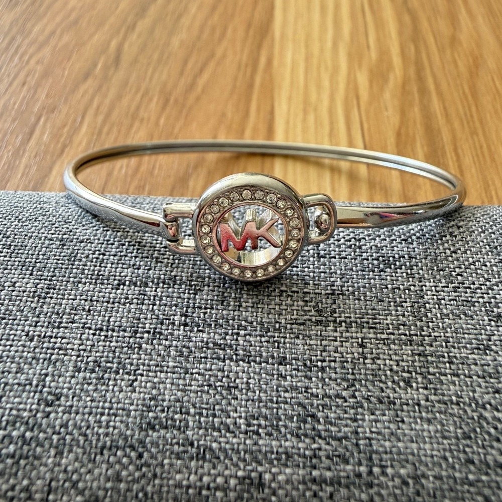 Michael Kors Silver Bangle Bracelet Womens OS Pavé MK Logo Stainless Steel